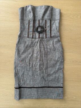 Strapless Brown Linen-Blend Dress with Waist Accent